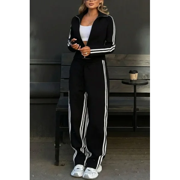 Kadın Uzun Kollu önden Fermuarlı Kısa Viskon Iki Iplik Bluz Ve Pantolon Ikili Takım