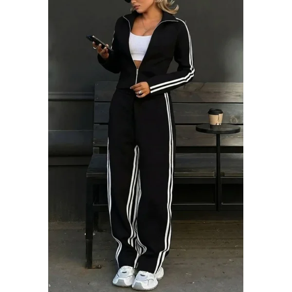 Kadın Uzun Kollu önden Fermuarlı Kısa Viskon Iki Iplik Bluz Ve Pantolon Ikili Takım