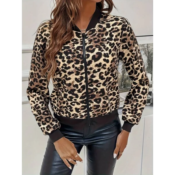 Kadın Uzun Kollu önden Fermuarlı Leopar Baskılı şardonlu Dalgıç Ceket