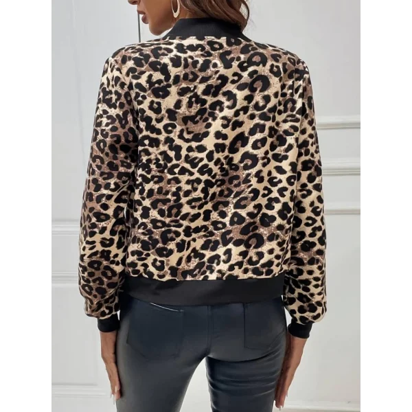 Kadın Uzun Kollu önden Fermuarlı Leopar Baskılı şardonlu Dalgıç Ceket