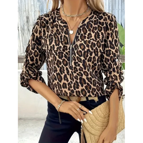Kadın Uzun Kollu önden Fermuarlı Leopar Desenli Modal Bluz