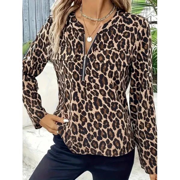 Kadın Uzun Kollu önden Fermuarlı Leopar Desenli Modal Bluz