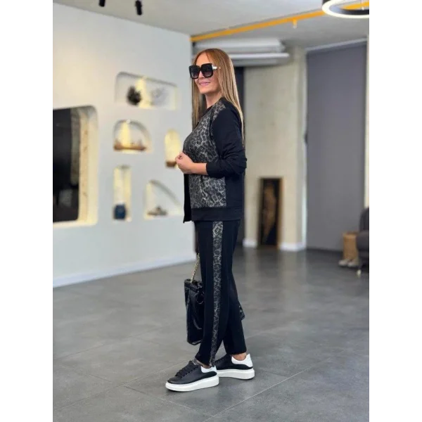 Kadın Uzun Kollu önden Fermuarlı Leopar Desenli Viskon Iki Iplik Bluz Ve Pantolon Ikili Takım