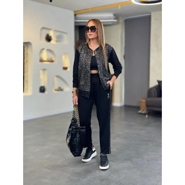 Kadın Uzun Kollu önden Fermuarlı Leopar Desenli Viskon Iki Iplik Bluz Ve Pantolon Ikili Takım