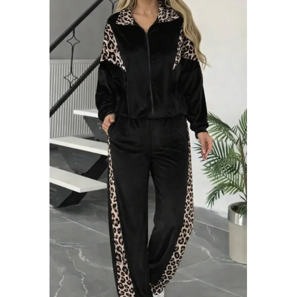 Kadın Uzun Kollu önden Fermuarlı Leopar Detaylı Kadife Bluz Ve Pantolon Ikili Takım