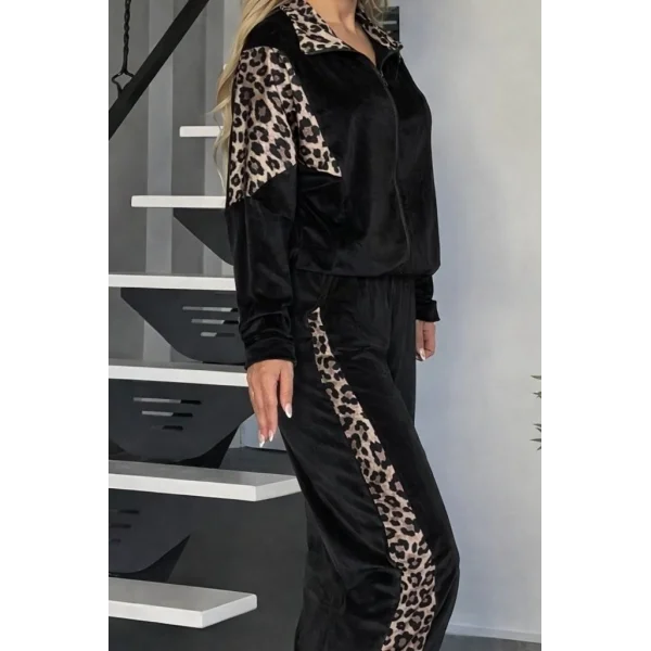 Kadın Uzun Kollu önden Fermuarlı Leopar Detaylı Kadife Bluz Ve Pantolon Ikili Takım