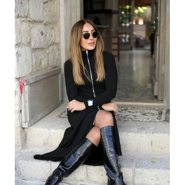 Kadın Uzun Kollu önden Fermuarlı Maxi Viskon Iki Iplik Elbise