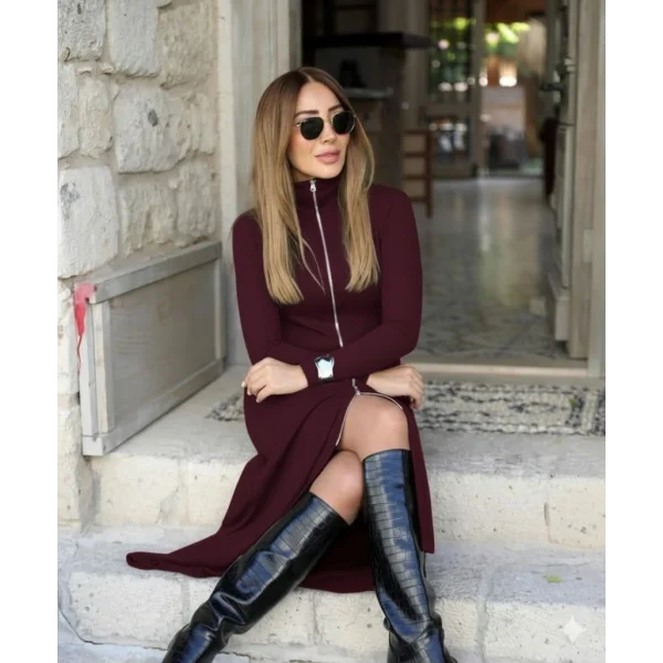 Kadın Uzun Kollu önden Fermuarlı Maxi Viskon Iki Iplik Elbise