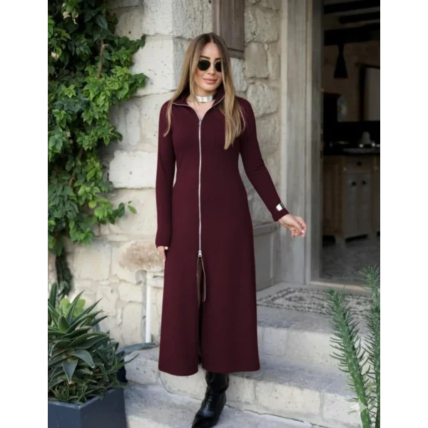 Kadın Uzun Kollu önden Fermuarlı Maxi Viskon Iki Iplik Elbise
