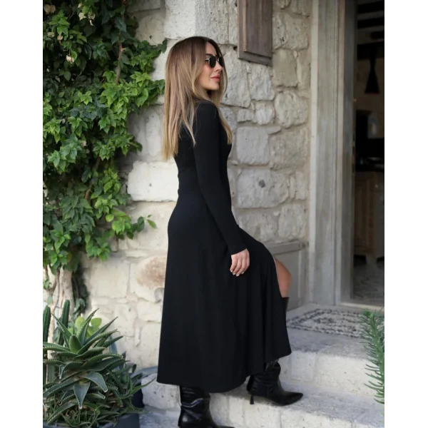 Kadın Uzun Kollu önden Fermuarlı Maxi Viskon Iki Iplik Elbise