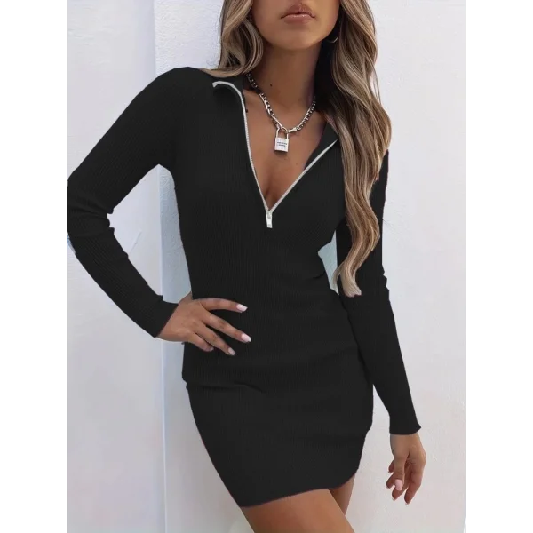 Kadın Uzun Kollu önden Fermuarlı Mini Kaşkorse Elbise