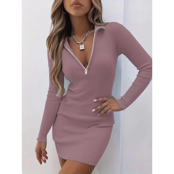 Kadın Uzun Kollu önden Fermuarlı Mini Kaşkorse Elbise