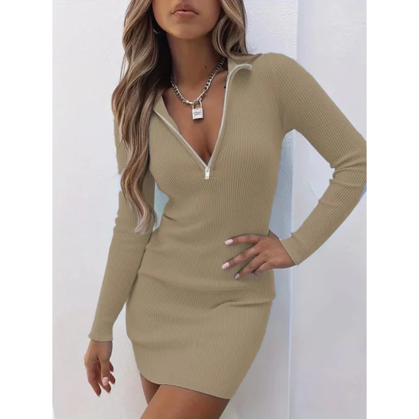 Kadın Uzun Kollu önden Fermuarlı Mini Kaşkorse Elbise