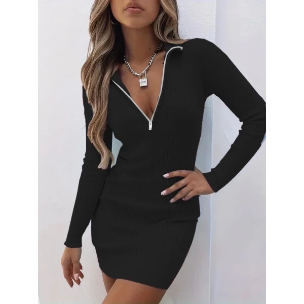 Kadın Uzun Kollu önden Fermuarlı Mini Kaşkorse Elbise