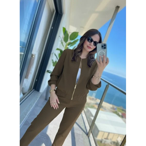 Kadın Uzun Kollu önden Fermuarlı Modal Ceket Ve Pantolon Ikili Takım