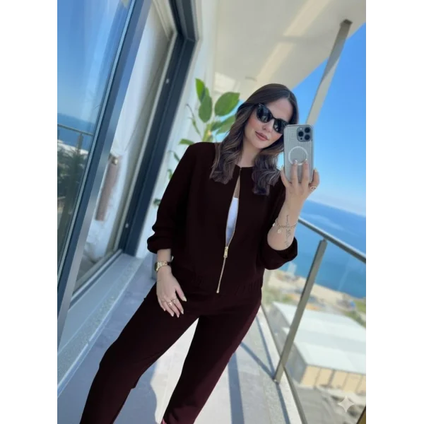 Kadın Uzun Kollu önden Fermuarlı Modal Ceket Ve Pantolon Ikili Takım