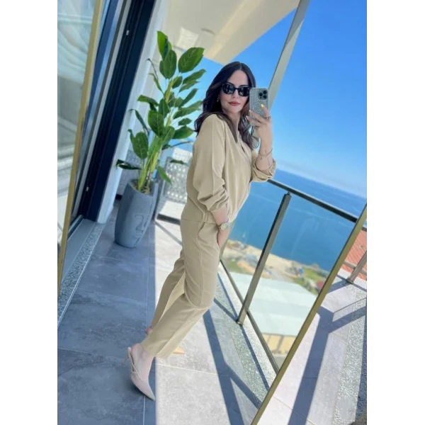 Kadın Uzun Kollu önden Fermuarlı Modal Ceket Ve Pantolon Ikili Takım