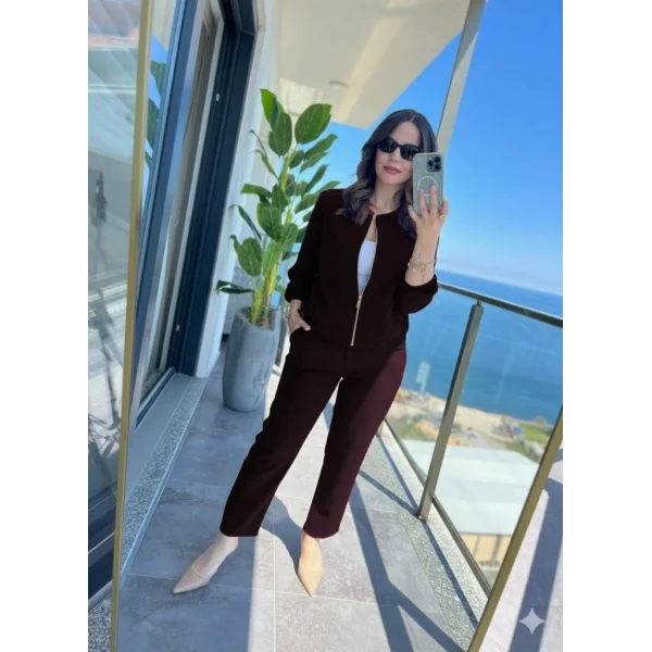 Kadın Uzun Kollu önden Fermuarlı Modal Ceket Ve Pantolon Ikili Takım