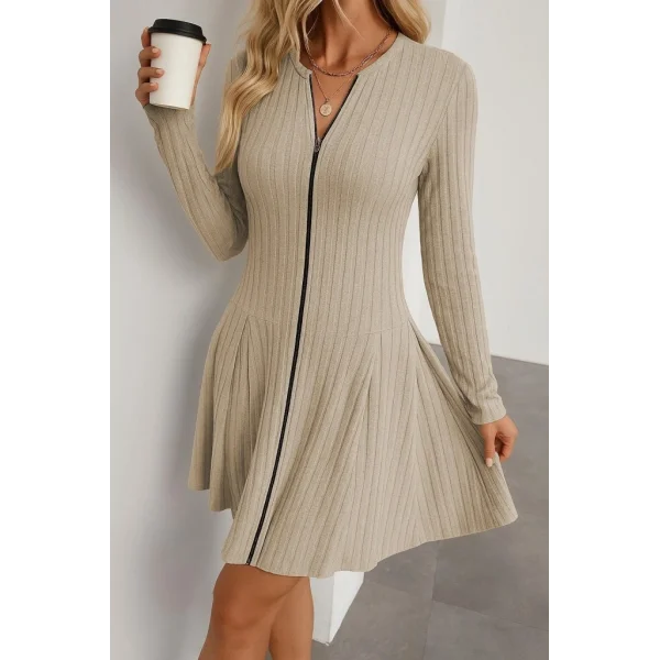 Kadın Uzun Kollu önden Fermuarlı Pileli şardonlu Kaşkorse Mini Elbise