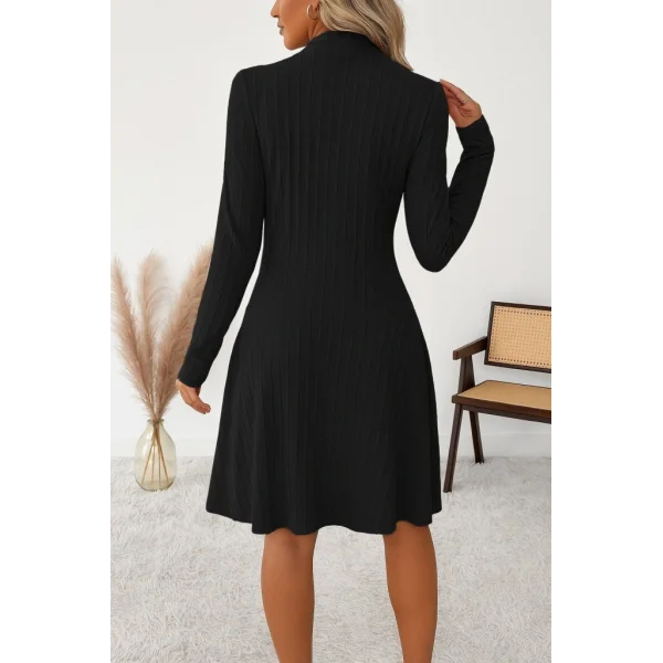 Kadın Uzun Kollu önden Fermuarlı Pileli şardonlu Kaşkorse Mini Elbise