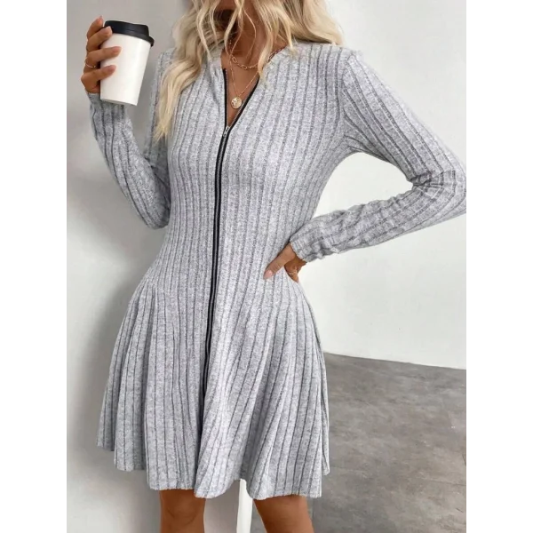 Kadın Uzun Kollu önden Fermuarlı Pileli şardonlu Kaşkorse Mini Elbise