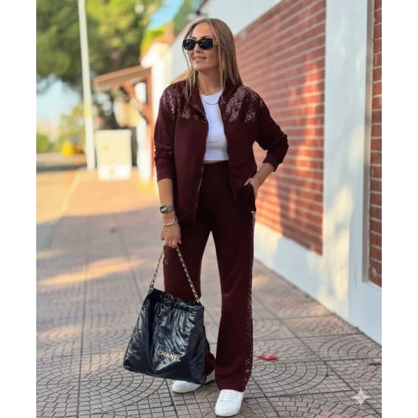 Kadın Uzun Kollu önden Fermuarlı Pul Payetli Alt üst Viskon Iki Iplik Takım