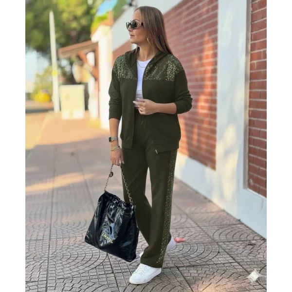 Kadın Uzun Kollu önden Fermuarlı Pul Payetli Alt üst Viskon Iki Iplik Takım