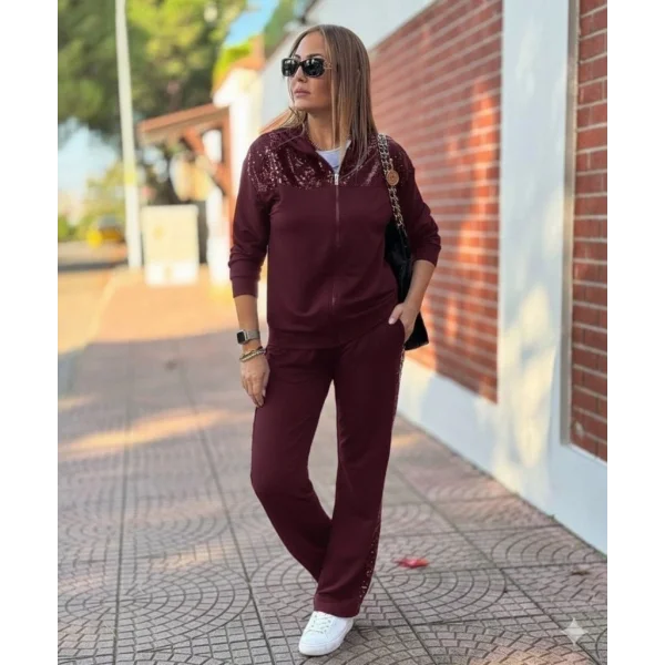 Kadın Uzun Kollu önden Fermuarlı Pul Payetli Alt üst Viskon Iki Iplik Takım