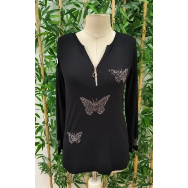 Kadın Uzun Kollu önden Fermuarlı Taşlı Kelebek Desenli Viskon Bluz