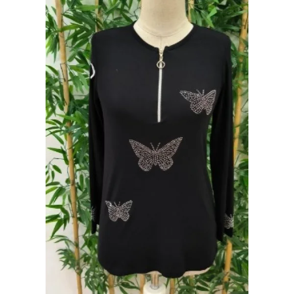 Kadın Uzun Kollu önden Fermuarlı Taşlı Kelebek Desenli Viskon Bluz