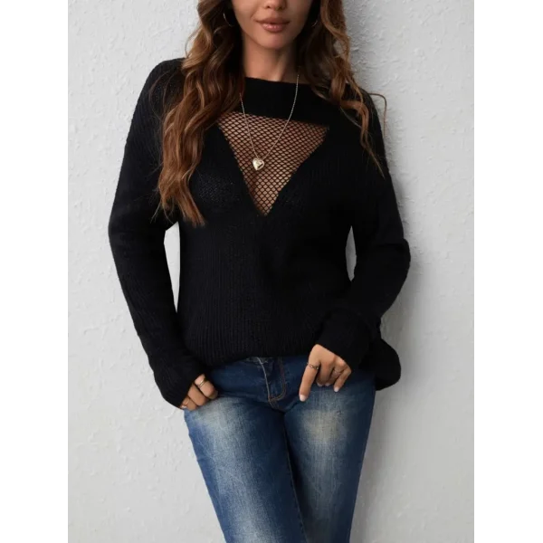 Kadın Uzun Kollu önden File Görünümlü Dekolte Detay Triko Kazak