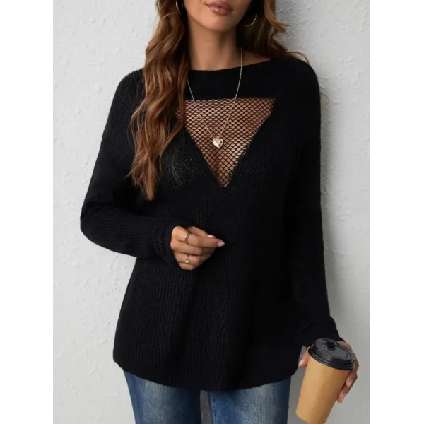 Kadın Uzun Kollu önden File Görünümlü Dekolte Detay Triko Kazak