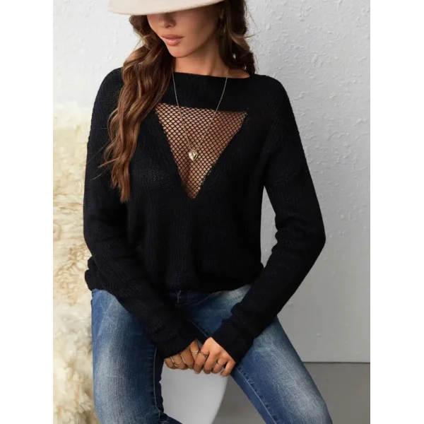 Kadın Uzun Kollu önden File Görünümlü Dekolte Detay Triko Kazak