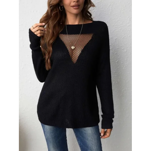 Kadın Uzun Kollu önden File Görünümlü Dekolte Detay Triko Kazak