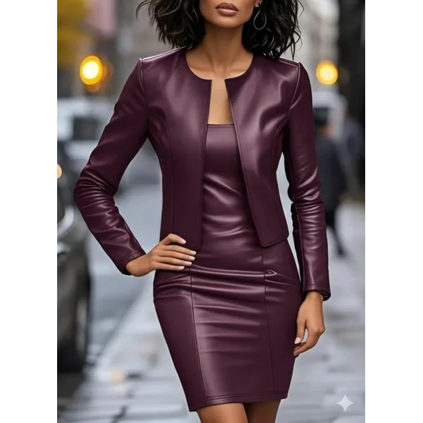 Kadın Uzun Kollu önü Açık Deri Ceket Ve Askılı Yuvarlak Yakalı Mini Elbise Ikili Takım