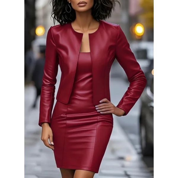 Kadın Uzun Kollu önü Açık Deri Ceket Ve Askılı Yuvarlak Yakalı Mini Elbise Ikili Takım