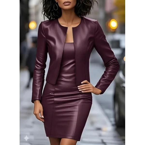Kadın Uzun Kollu önü Açık Deri Ceket Ve Askılı Yuvarlak Yakalı Mini Elbise Ikili Takım