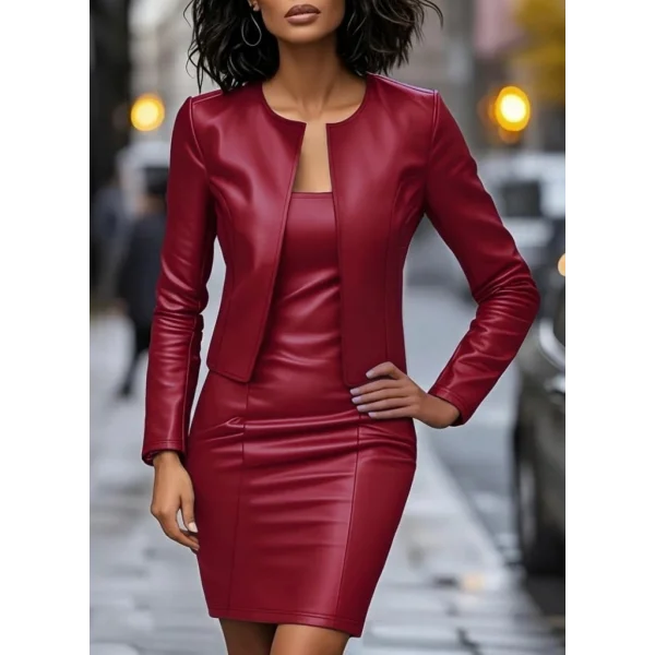 Kadın Uzun Kollu önü Açık Deri Ceket Ve Askılı Yuvarlak Yakalı Mini Elbise Ikili Takım