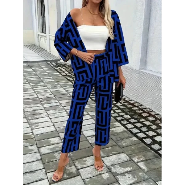 Kadın Uzun Kollu önü Açık Desenli Iki Iplik Ceket Ve Pantolon Ikili Takım