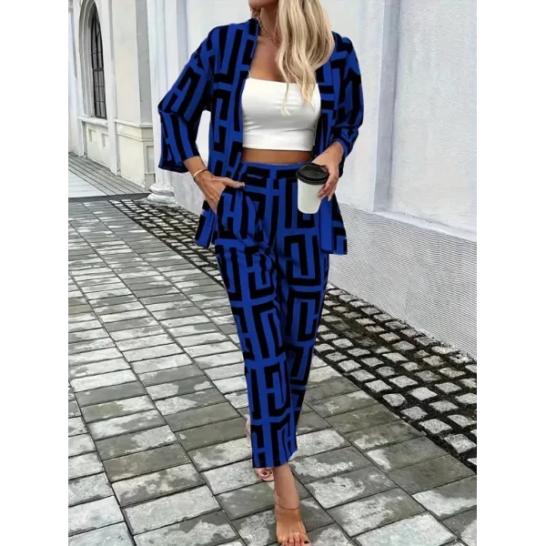 Kadın Uzun Kollu önü Açık Desenli Iki Iplik Ceket Ve Pantolon Ikili Takım