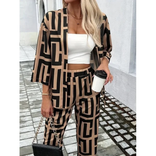 Kadın Uzun Kollu önü Açık Desenli Iki Iplik Ceket Ve Pantolon Ikili Takım