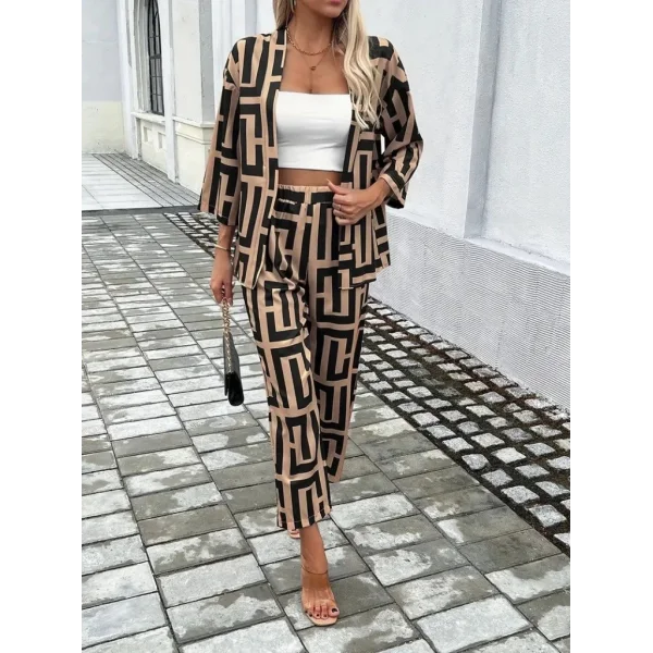 Kadın Uzun Kollu önü Açık Desenli Iki Iplik Ceket Ve Pantolon Ikili Takım