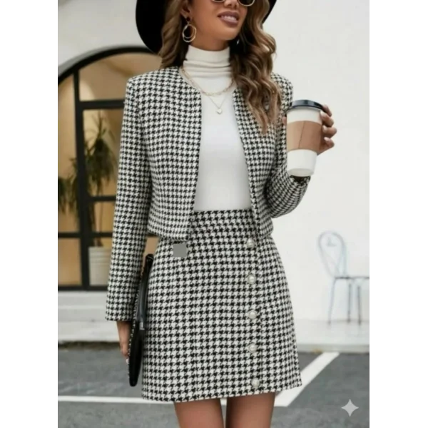 Kadın Uzun Kollu önü Açık Dokuma Ceket Ve Mini Etek Ikili Takım