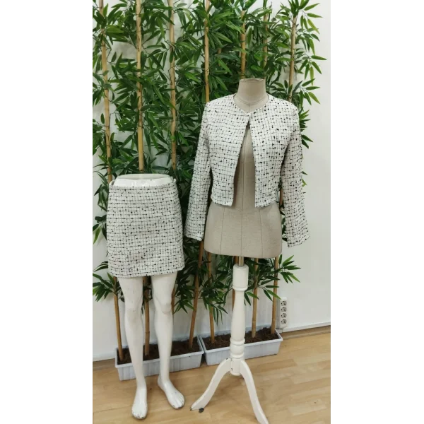 Kadın Uzun Kollu önü Açık Dokuma Ceket Ve Mini Etek Ikili Takım