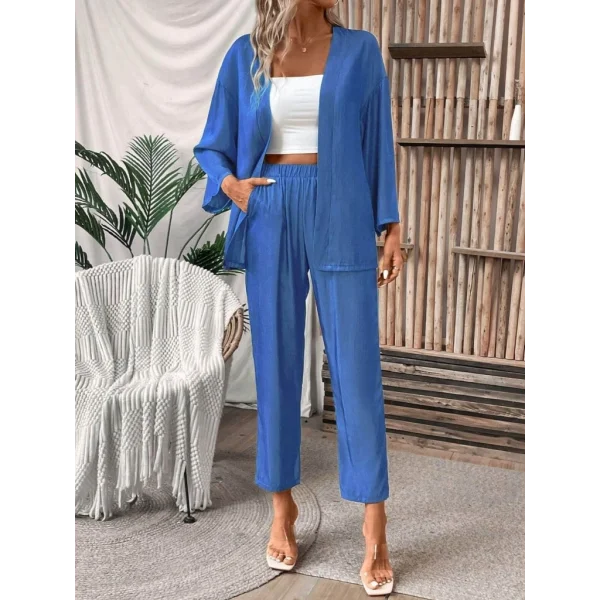 Kadın Uzun Kollu önü Açık Dokuma Ceket Ve Pantolon Ikili Takım