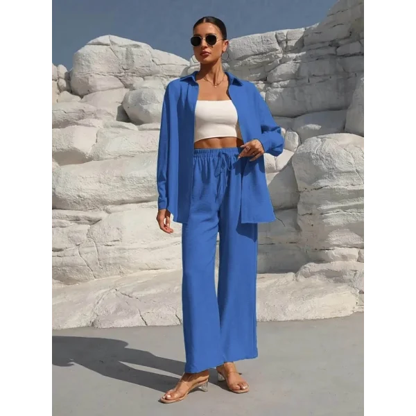 Kadın Uzun Kollu önü Açık Dokuma Ceket Ve Pantolon Ikili Takım
