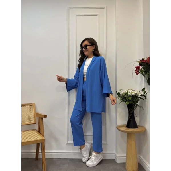 Kadın Uzun Kollu önü Açık Dokuma Ceket Ve Pantolon Ikili Takım