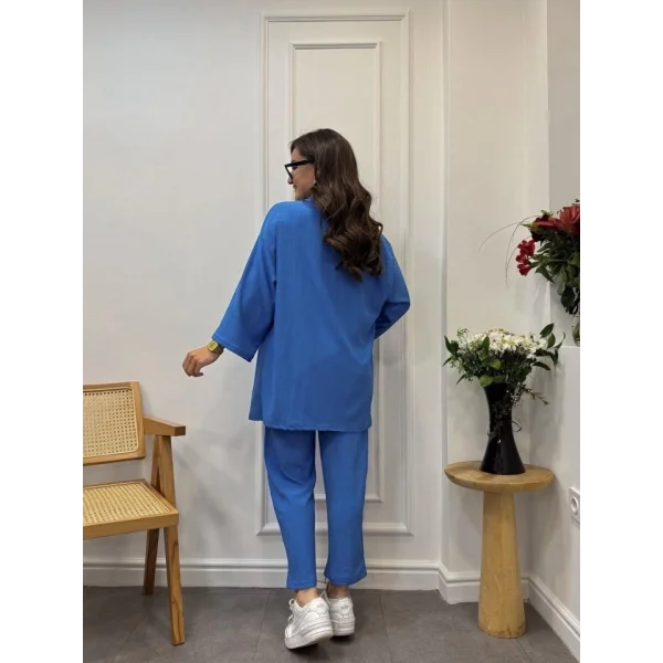 Kadın Uzun Kollu önü Açık Dokuma Ceket Ve Pantolon Ikili Takım