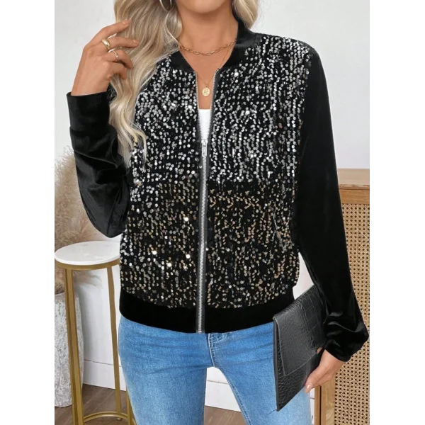 Kadın Uzun Kollu önü Açık Fermuarlı Pulpayetli Kadife Ceket