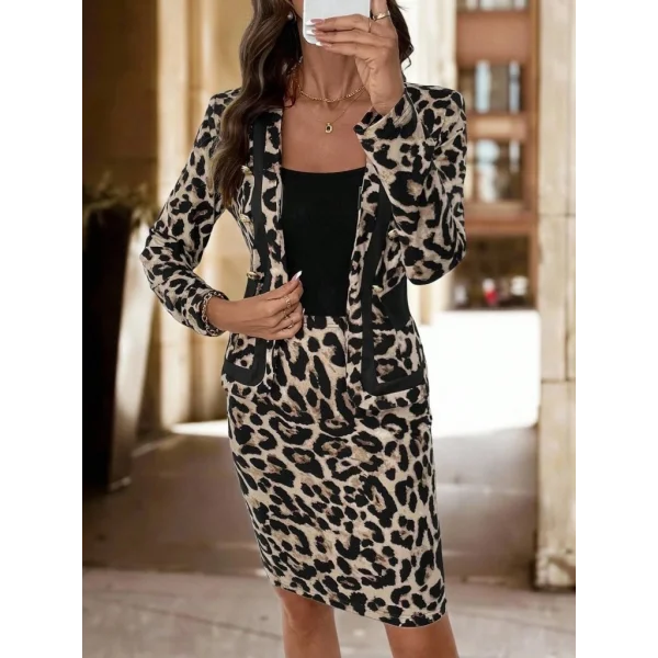 Kadın Uzun Kollu önü Açık Leopar Desen Modal Ceket Ve Etek Ikili Takım